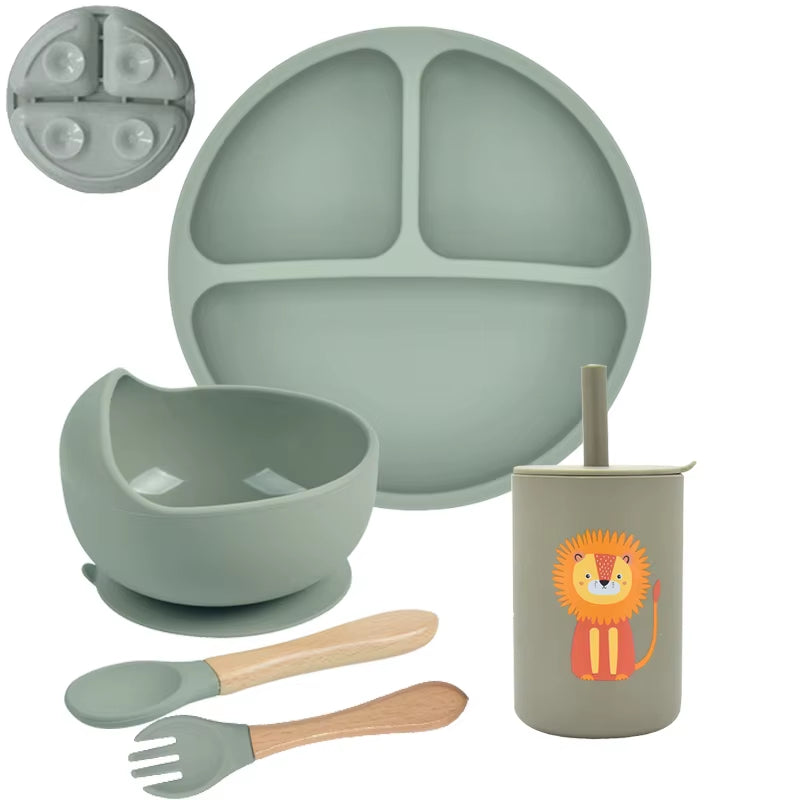 5P Baby Silicone Tableware Set Lid Divided Plate with Suction Bowls Straw Cup Wood Spoon Fork for Toddler Feeding Training Plate