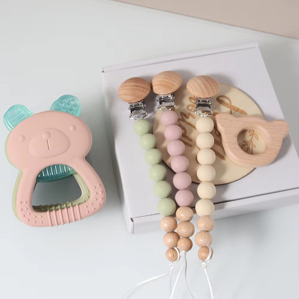Newborn Gift Set Silicone Teething Bear Toy Soothing Toy Dummy Clip Milestone Gift Box Essentials