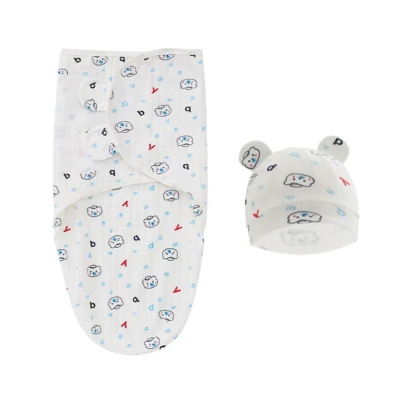 100% Organic Cotton Baby Swaddle Blanket Wrap Hat Set for Infant Adjustable Newborn Swaddle Baby Swaddle for 0-3 Month