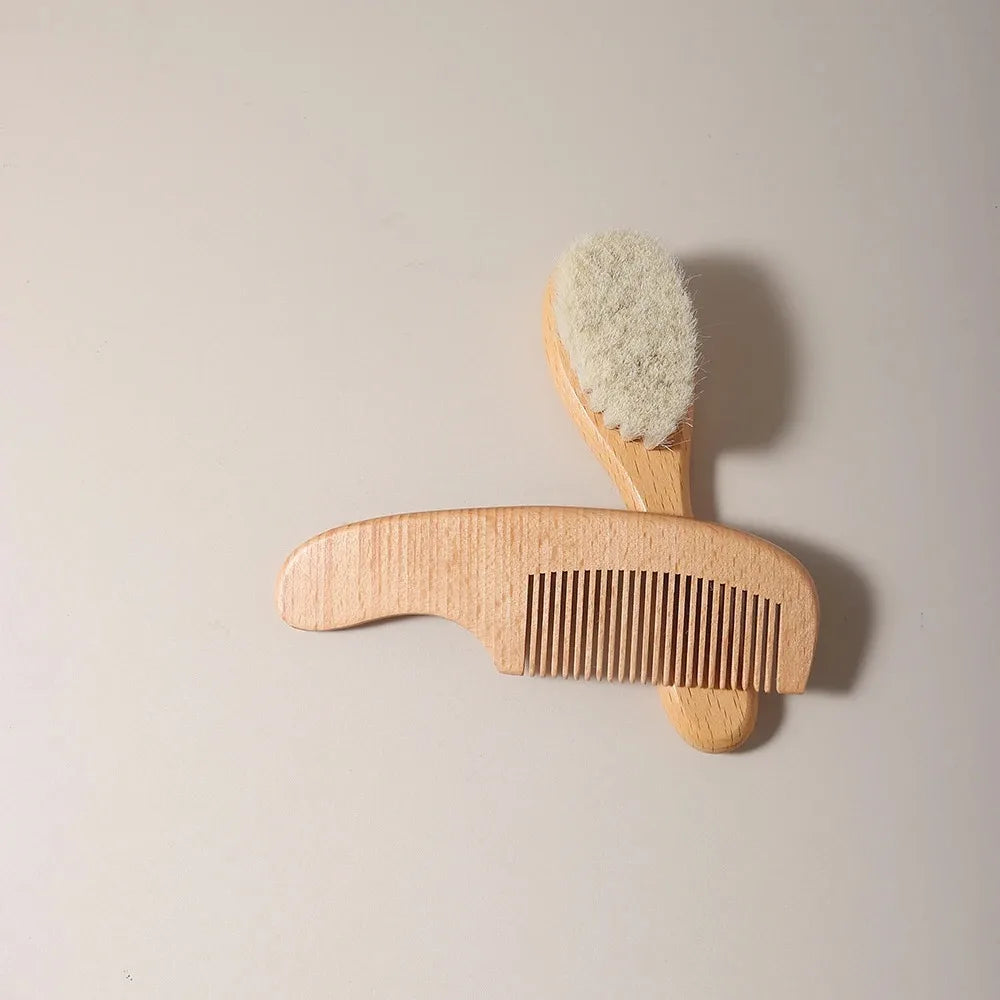 2Pcs Baby Comb Set Baby Care Hair Brush Beech Soft Wool Wood Comb Newborn Massager Baby Shower and Gift Baby Hair Soothing