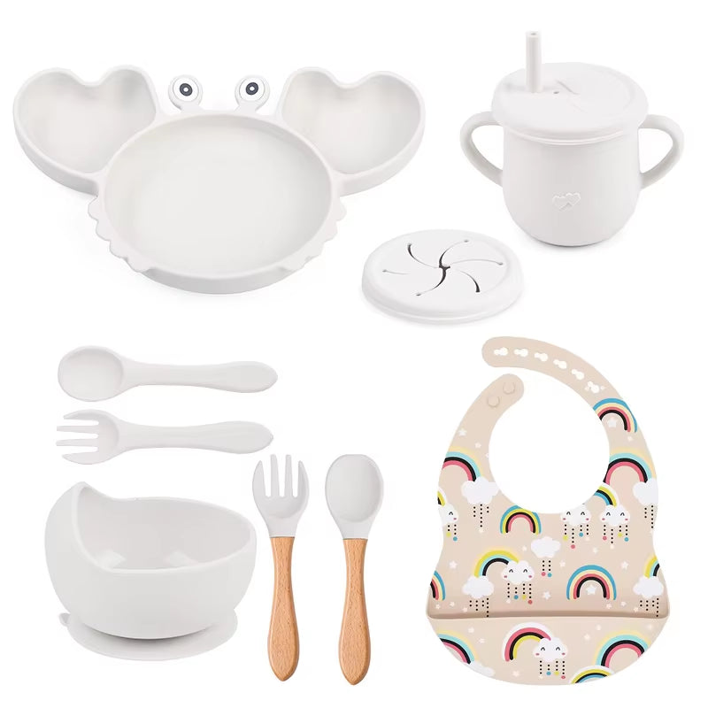 9Pcs Baby Silicone Non-Slip Suction Bowl Plate Spoon Waterproof Bib Cup Set Baby Crab Dishes Food Feeding Bowl for Kids BPA Free
