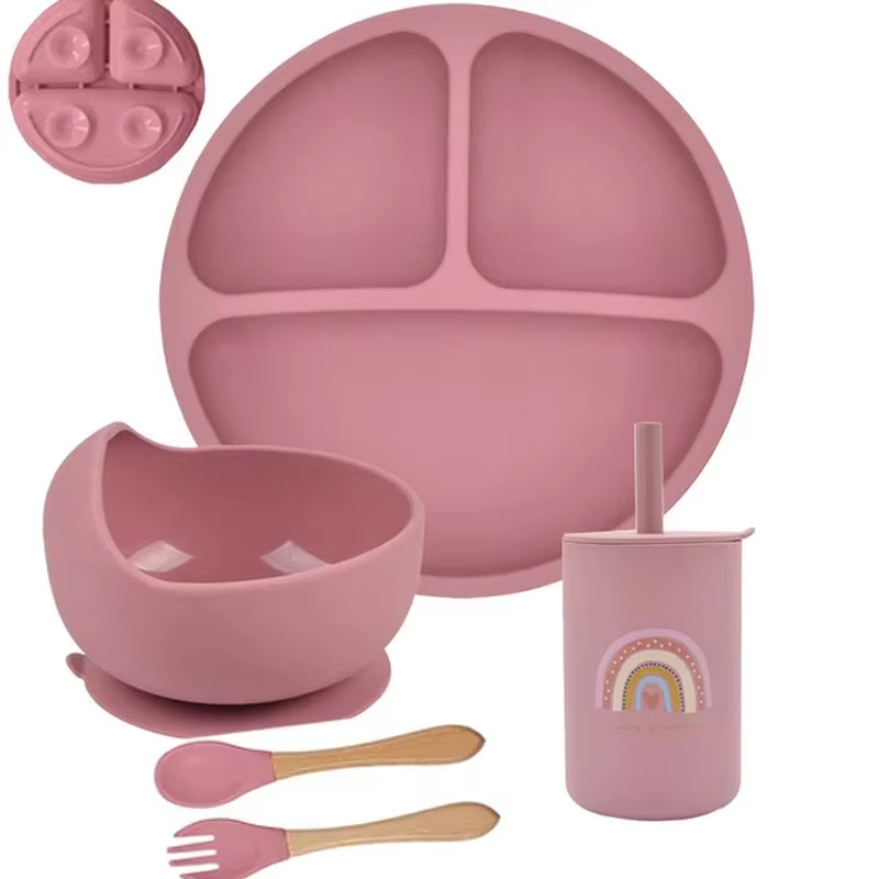 5P Baby Silicone Tableware Set Lid Divided Plate with Suction Bowls Straw Cup Wood Spoon Fork for Toddler Feeding Training Plate