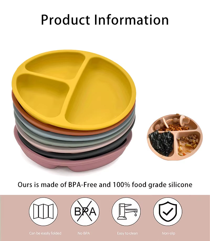 5P Baby Silicone Tableware Set Lid Divided Plate with Suction Bowls Straw Cup Wood Spoon Fork for Toddler Feeding Training Plate