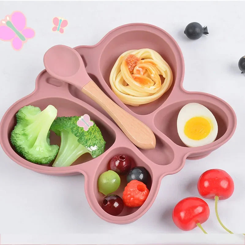 2Pcs Baby Butterfly Silicone Dining Plate Sucker Bowl Divided Sectioned Traininig Self-Feeding Spoon Non-Slip Kid Tableware Set