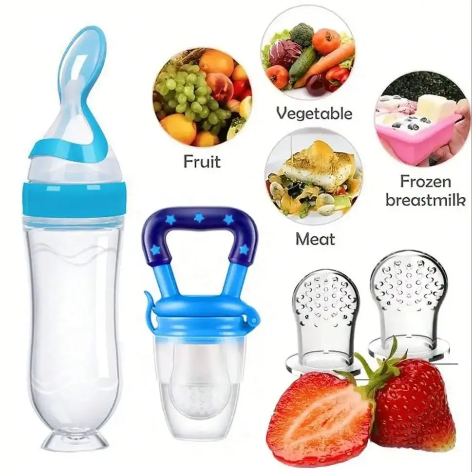 4Pcs Baby Feeding Set, Baby Bottle with Suction Base Rice Cereal Bottle, Vegetable & Fruit Feeder, Two Mesh Bags (S L）