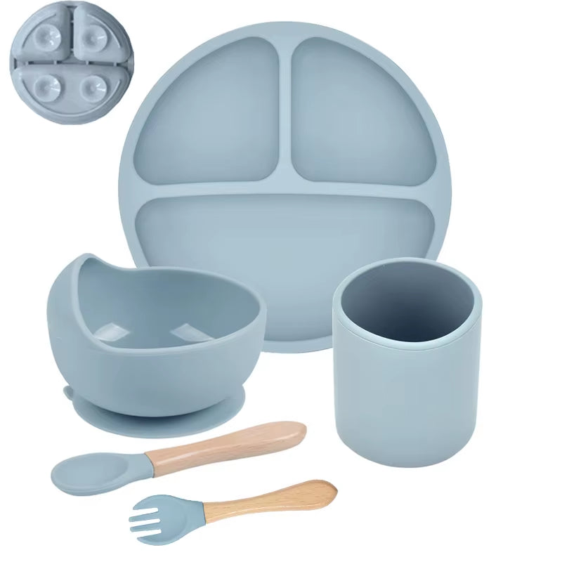 5P Baby Silicone Tableware Set Lid Divided Plate with Suction Bowls Straw Cup Wood Spoon Fork for Toddler Feeding Training Plate