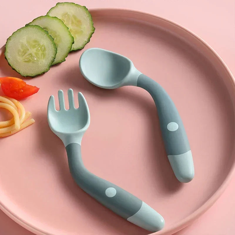 Baby Children Spoon Fork Set Soft Bendable Silicone Scoop Fork Kit Tableware Toddler Training Feeding Cutlery Utensils Tableware