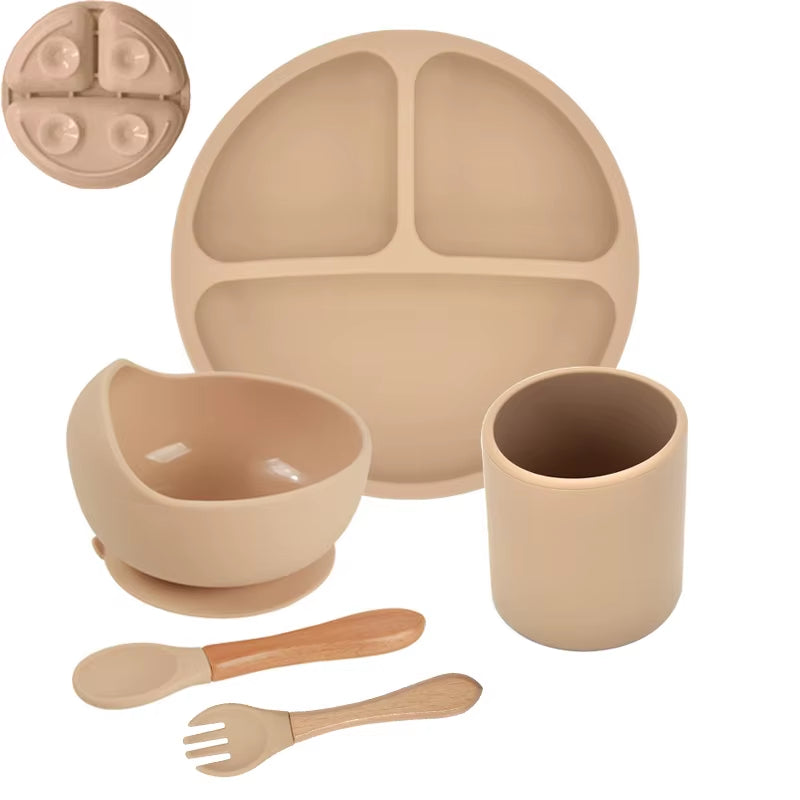 5P Baby Silicone Tableware Set Lid Divided Plate with Suction Bowls Straw Cup Wood Spoon Fork for Toddler Feeding Training Plate