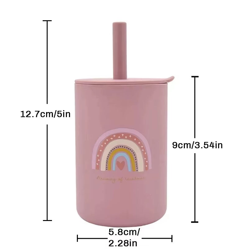 5P Baby Silicone Tableware Set Lid Divided Plate with Suction Bowls Straw Cup Wood Spoon Fork for Toddler Feeding Training Plate