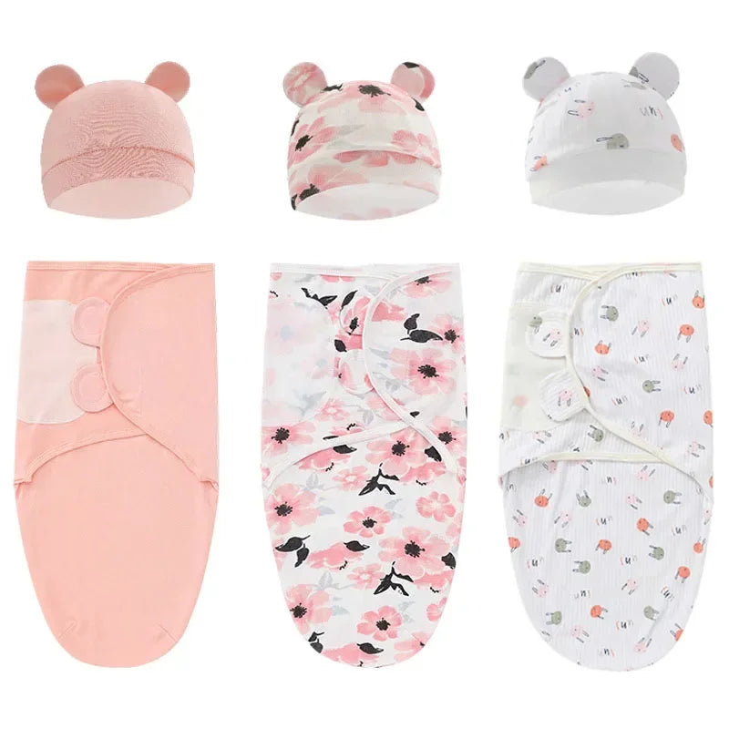 100% Organic Cotton Baby Swaddle Blanket Wrap Hat Set for Infant Adjustable Newborn Swaddle Baby Swaddle for 0-3 Month