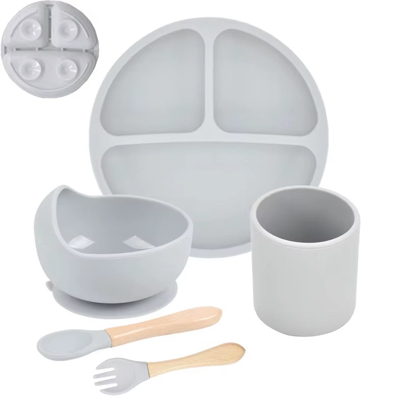 5P Baby Silicone Tableware Set Lid Divided Plate with Suction Bowls Straw Cup Wood Spoon Fork for Toddler Feeding Training Plate
