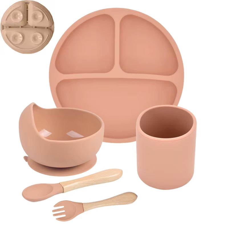 5P Baby Silicone Tableware Set Lid Divided Plate with Suction Bowls Straw Cup Wood Spoon Fork for Toddler Feeding Training Plate