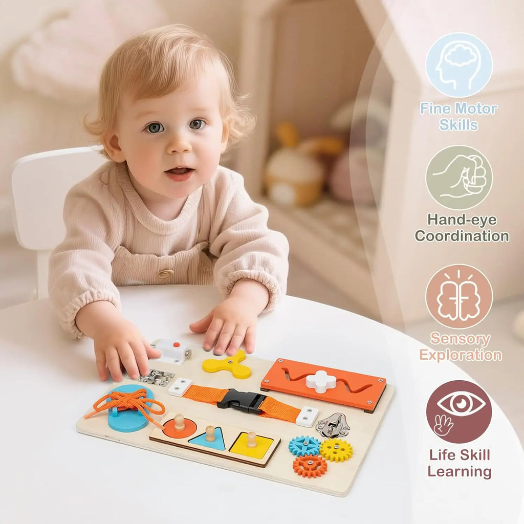 Montessori Busy Board for Toddlers Wooden Activity Sensory Board for Fine Motor Skills Travel Educational Learning Toys for Kid