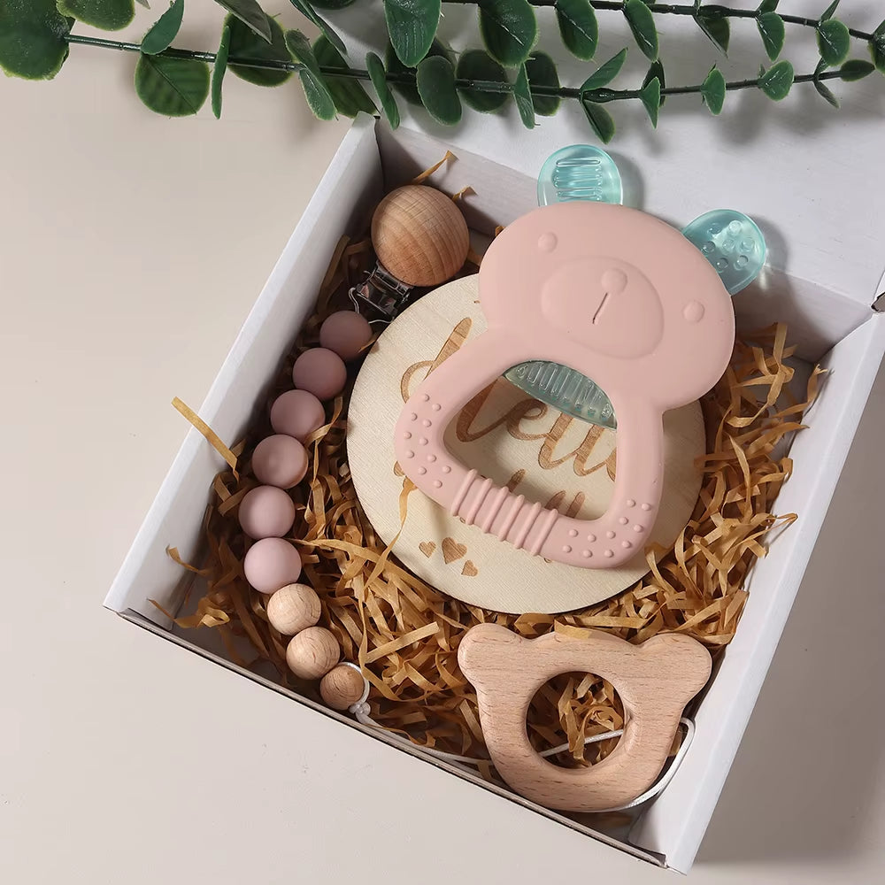 Newborn Gift Set Silicone Teething Bear Toy Soothing Toy Dummy Clip Milestone Gift Box Essentials