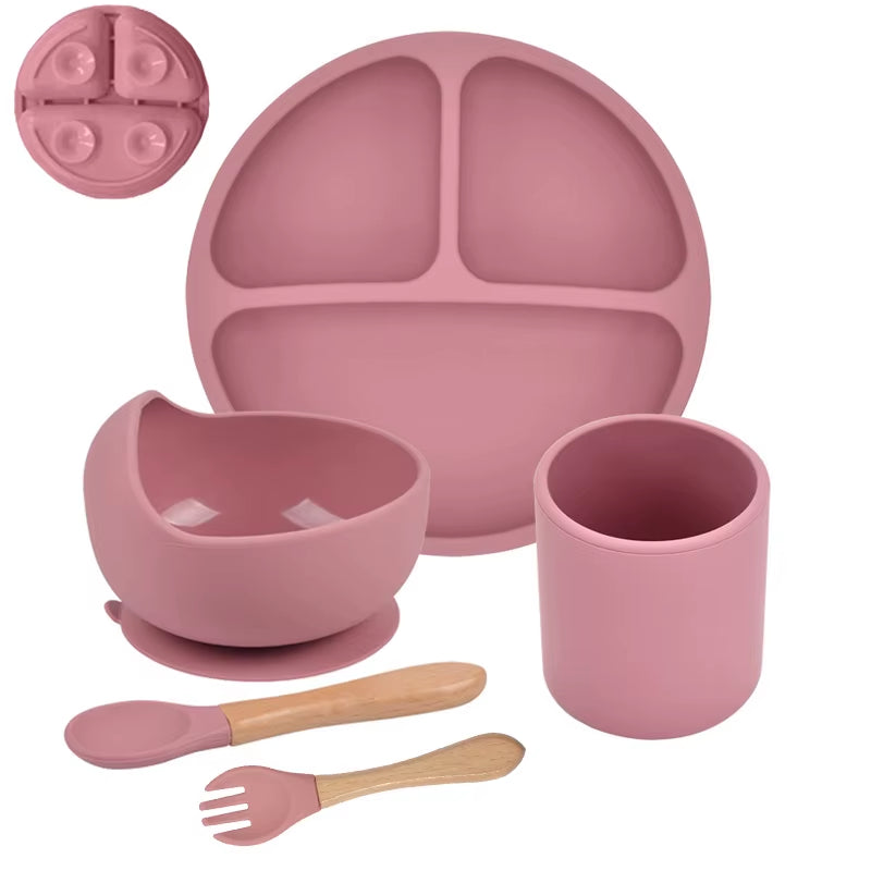 5P Baby Silicone Tableware Set Lid Divided Plate with Suction Bowls Straw Cup Wood Spoon Fork for Toddler Feeding Training Plate