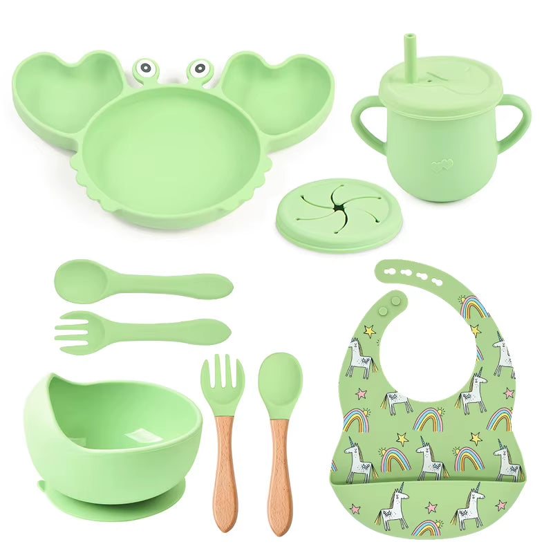 9Pcs Baby Silicone Non-Slip Suction Bowl Plate Spoon Waterproof Bib Cup Set Baby Crab Dishes Food Feeding Bowl for Kids BPA Free