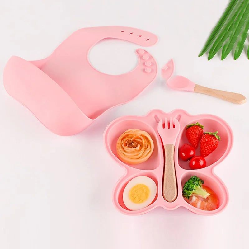 2Pcs Baby Butterfly Silicone Dining Plate Sucker Bowl Divided Sectioned Traininig Self-Feeding Spoon Non-Slip Kid Tableware Set