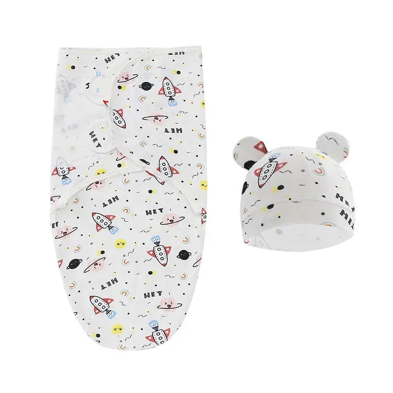 100% Organic Cotton Baby Swaddle Blanket Wrap Hat Set for Infant Adjustable Newborn Swaddle Baby Swaddle for 0-3 Month