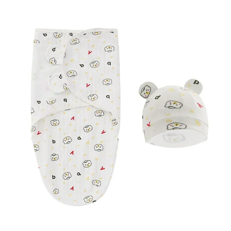 100% Organic Cotton Baby Swaddle Blanket Wrap Hat Set for Infant Adjustable Newborn Swaddle Baby Swaddle for 0-3 Month