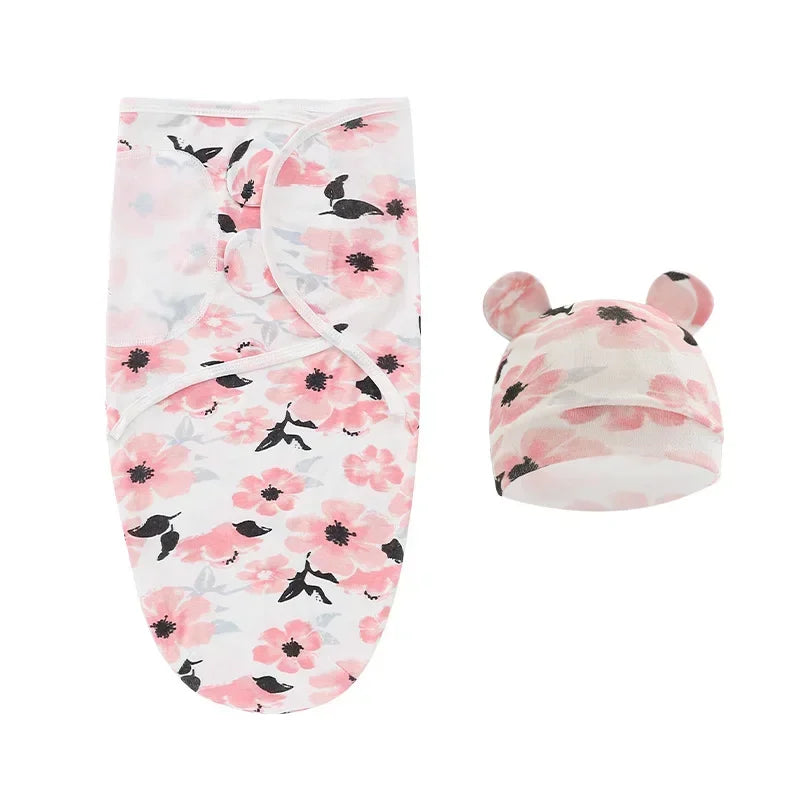 100% Organic Cotton Baby Swaddle Blanket Wrap Hat Set for Infant Adjustable Newborn Swaddle Baby Swaddle for 0-3 Month