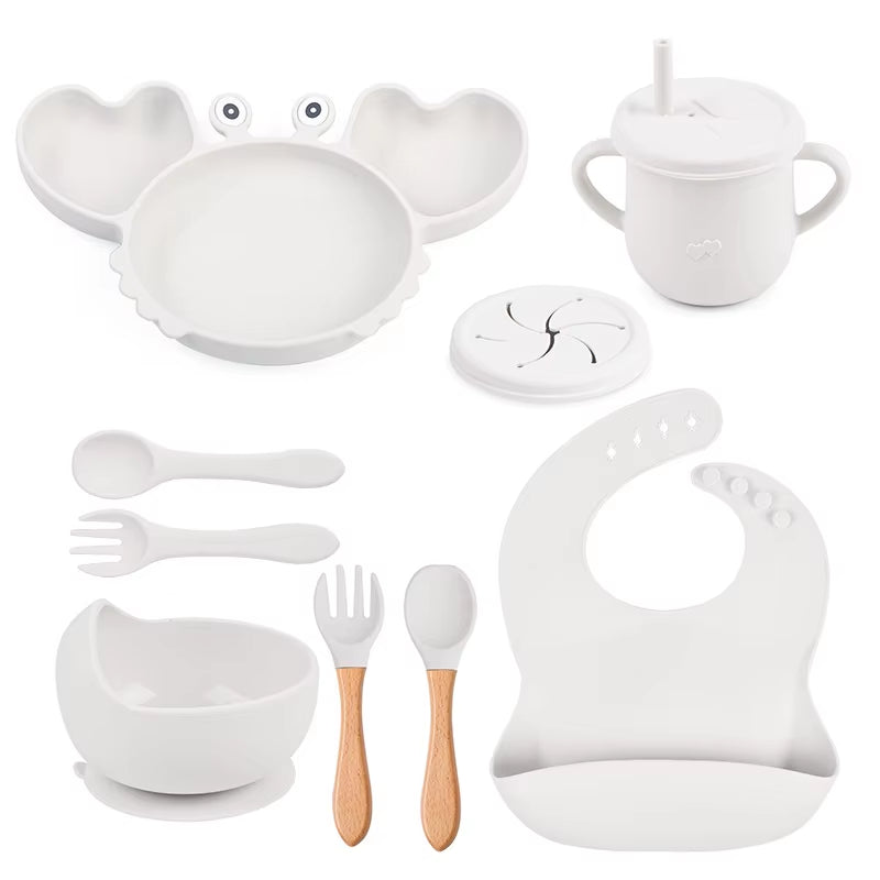 9Pcs Baby Silicone Non-Slip Suction Bowl Plate Spoon Waterproof Bib Cup Set Baby Crab Dishes Food Feeding Bowl for Kids BPA Free