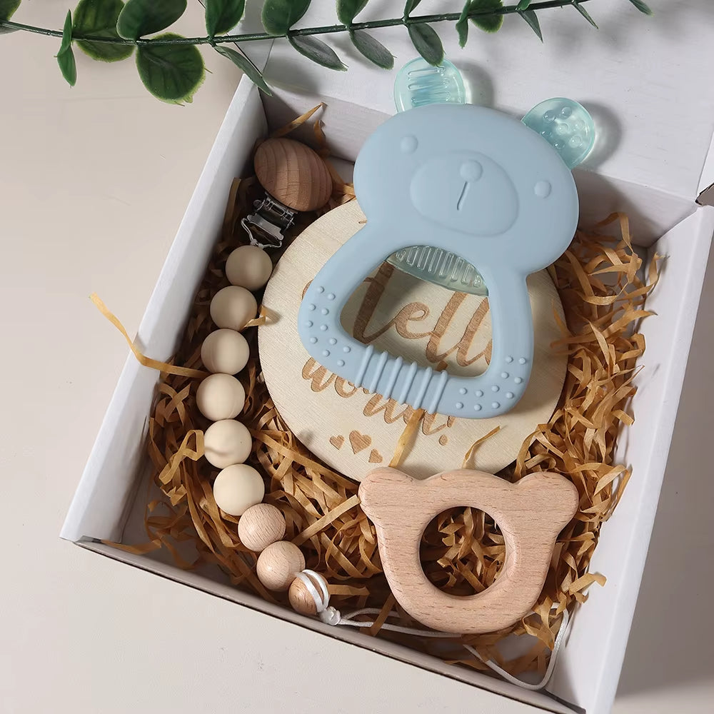 Newborn Gift Set Silicone Teething Bear Toy Soothing Toy Dummy Clip Milestone Gift Box Essentials