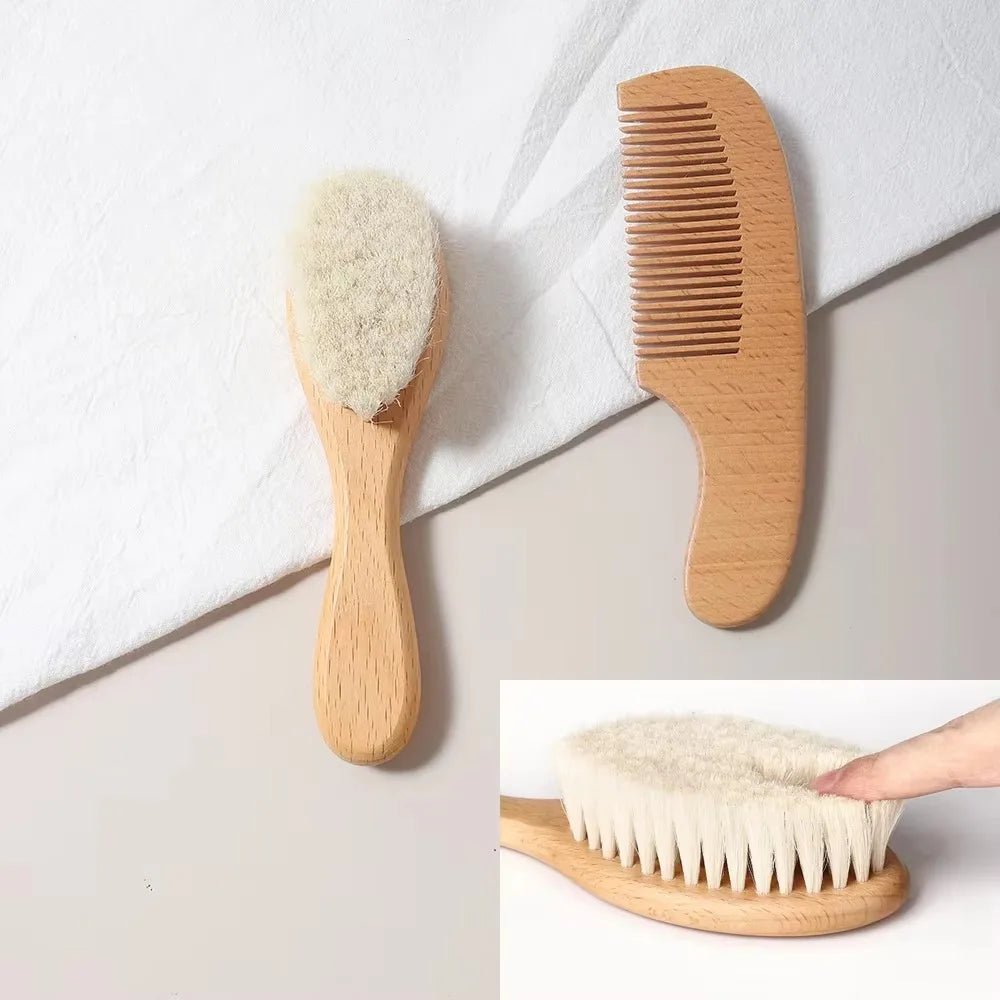 2Pcs Baby Comb Set Baby Care Hair Brush Beech Soft Wool Wood Comb Newborn Massager Baby Shower and Gift Baby Hair Soothing