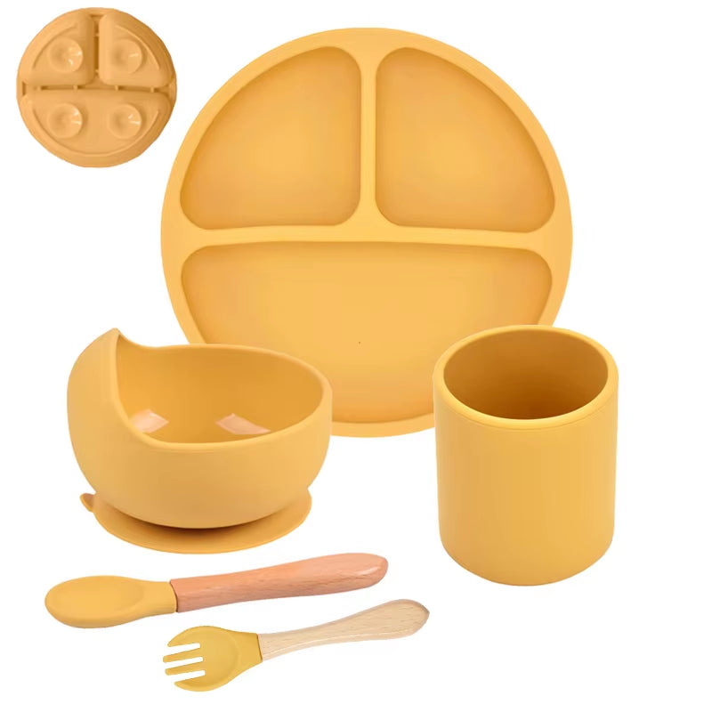 5P Baby Silicone Tableware Set Lid Divided Plate with Suction Bowls Straw Cup Wood Spoon Fork for Toddler Feeding Training Plate