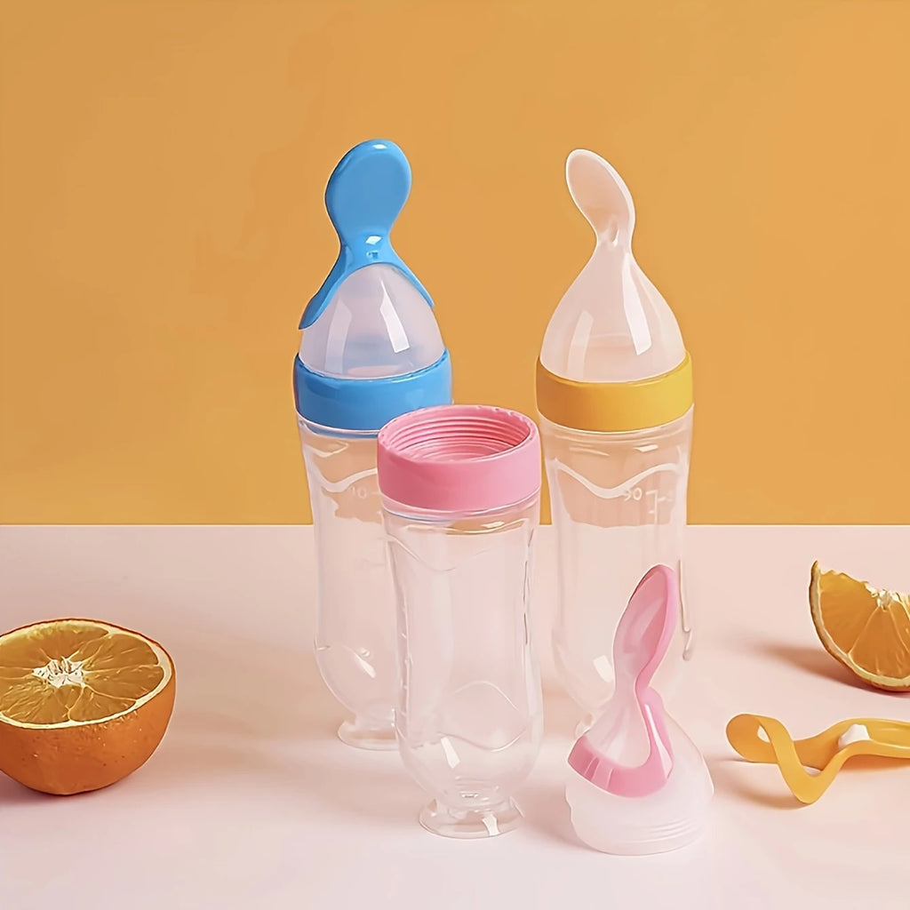 4Pcs Baby Feeding Set, Baby Bottle with Suction Base Rice Cereal Bottle, Vegetable & Fruit Feeder, Two Mesh Bags (S L）