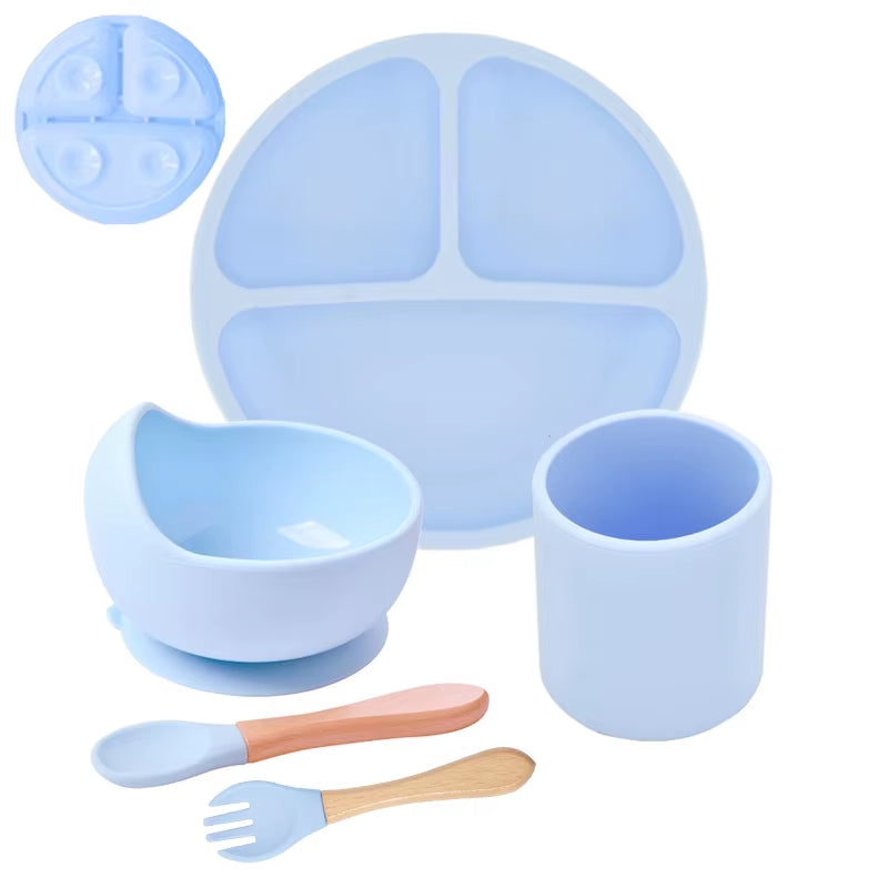 5P Baby Silicone Tableware Set Lid Divided Plate with Suction Bowls Straw Cup Wood Spoon Fork for Toddler Feeding Training Plate