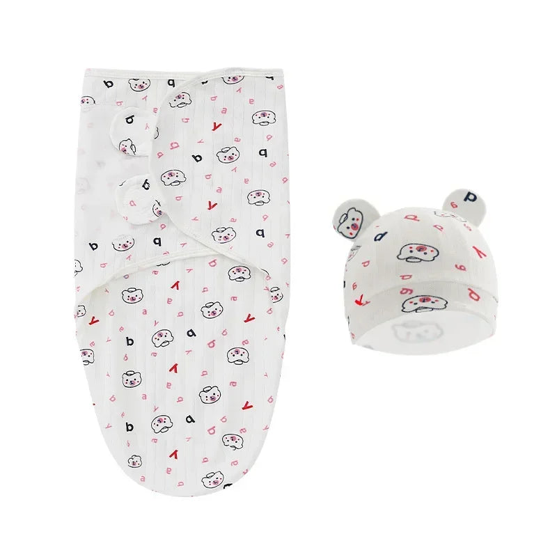 100% Organic Cotton Baby Swaddle Blanket Wrap Hat Set for Infant Adjustable Newborn Swaddle Baby Swaddle for 0-3 Month