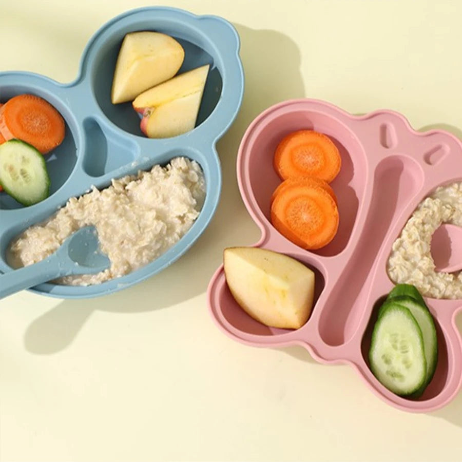 2Pcs Baby Butterfly Silicone Dining Plate Sucker Bowl Divided Sectioned Traininig Self-Feeding Spoon Non-Slip Kid Tableware Set