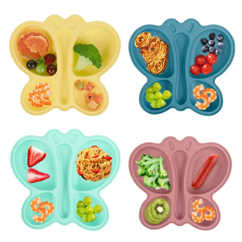 2Pcs Baby Butterfly Silicone Dining Plate Sucker Bowl Divided Sectioned Traininig Self-Feeding Spoon Non-Slip Kid Tableware Set