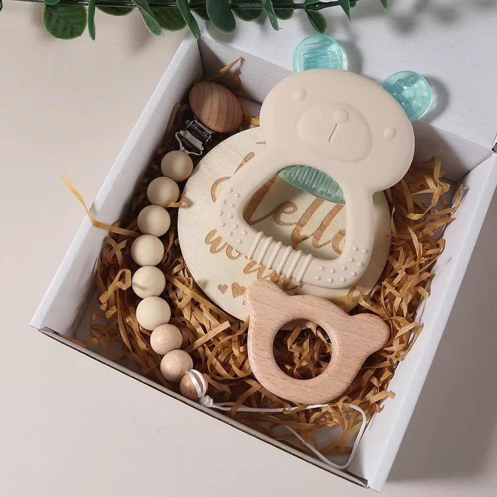 Newborn Gift Set Silicone Teething Bear Toy Soothing Toy Dummy Clip Milestone Gift Box Essentials