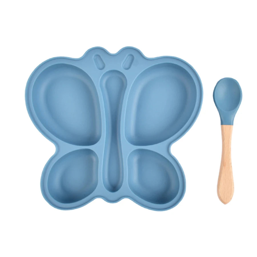2Pcs Baby Butterfly Silicone Dining Plate Sucker Bowl Divided Sectioned Traininig Self-Feeding Spoon Non-Slip Kid Tableware Set