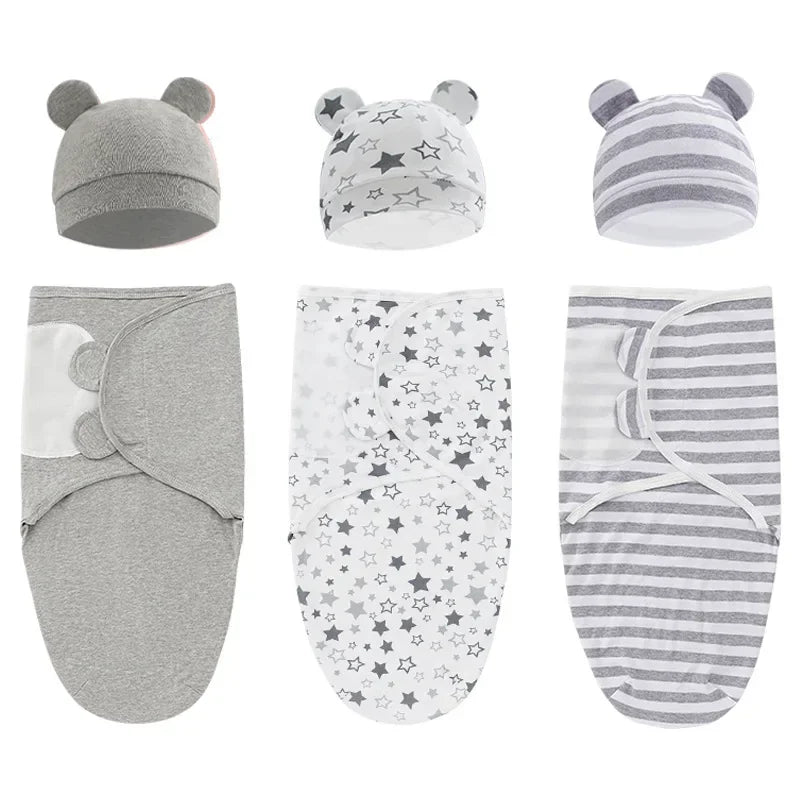 100% Organic Cotton Baby Swaddle Blanket Wrap Hat Set for Infant Adjustable Newborn Swaddle Baby Swaddle for 0-3 Month