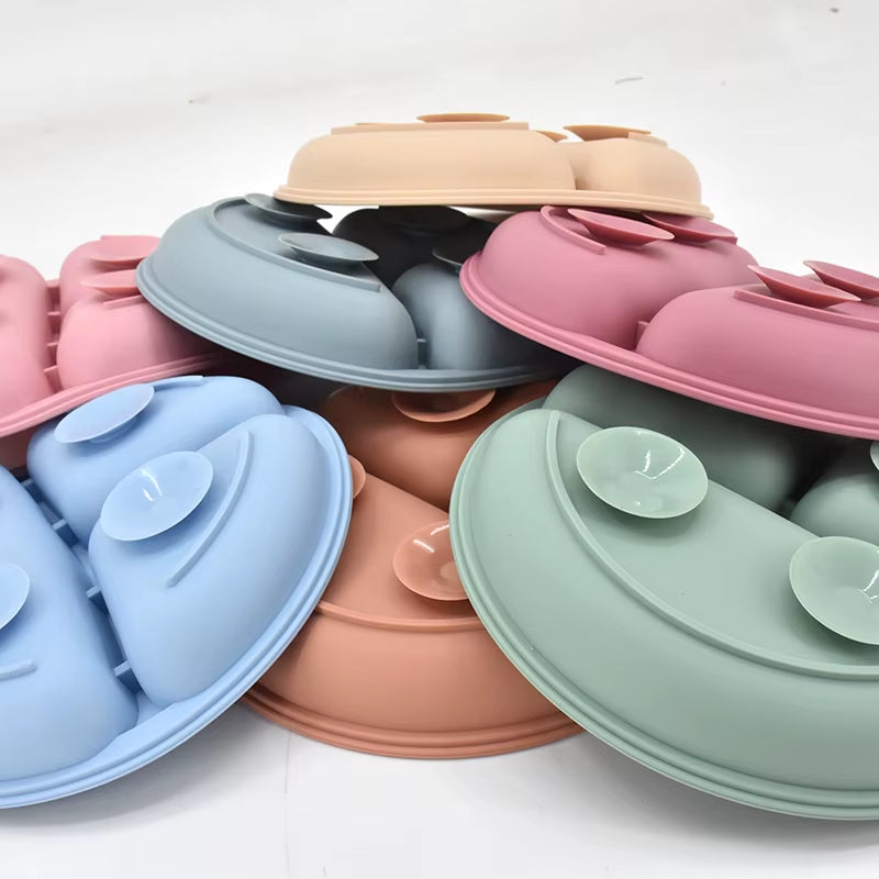 5P Baby Silicone Tableware Set Lid Divided Plate with Suction Bowls Straw Cup Wood Spoon Fork for Toddler Feeding Training Plate