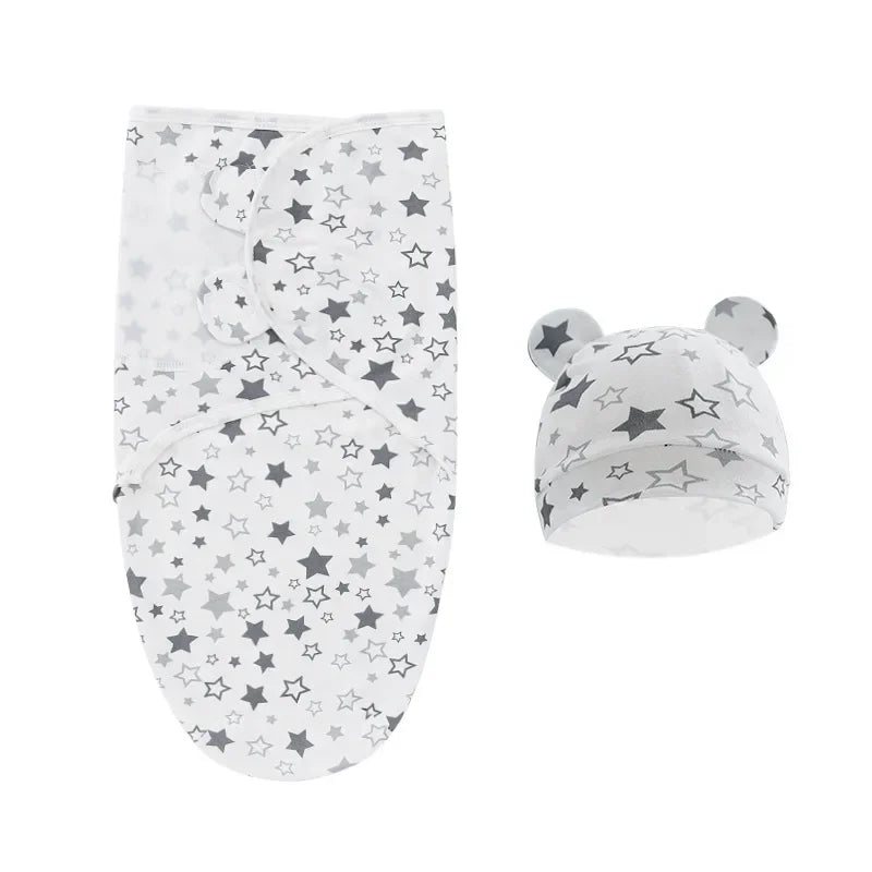 100% Organic Cotton Baby Swaddle Blanket Wrap Hat Set for Infant Adjustable Newborn Swaddle Baby Swaddle for 0-3 Month