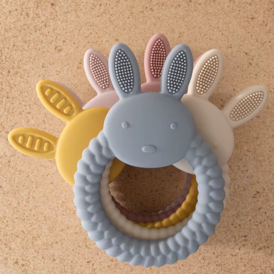 New Design Baby Rabbit Baby Toy Food Grade Safe Silicone Toothbrush Teether Toy Teething Set for Newborn Gift