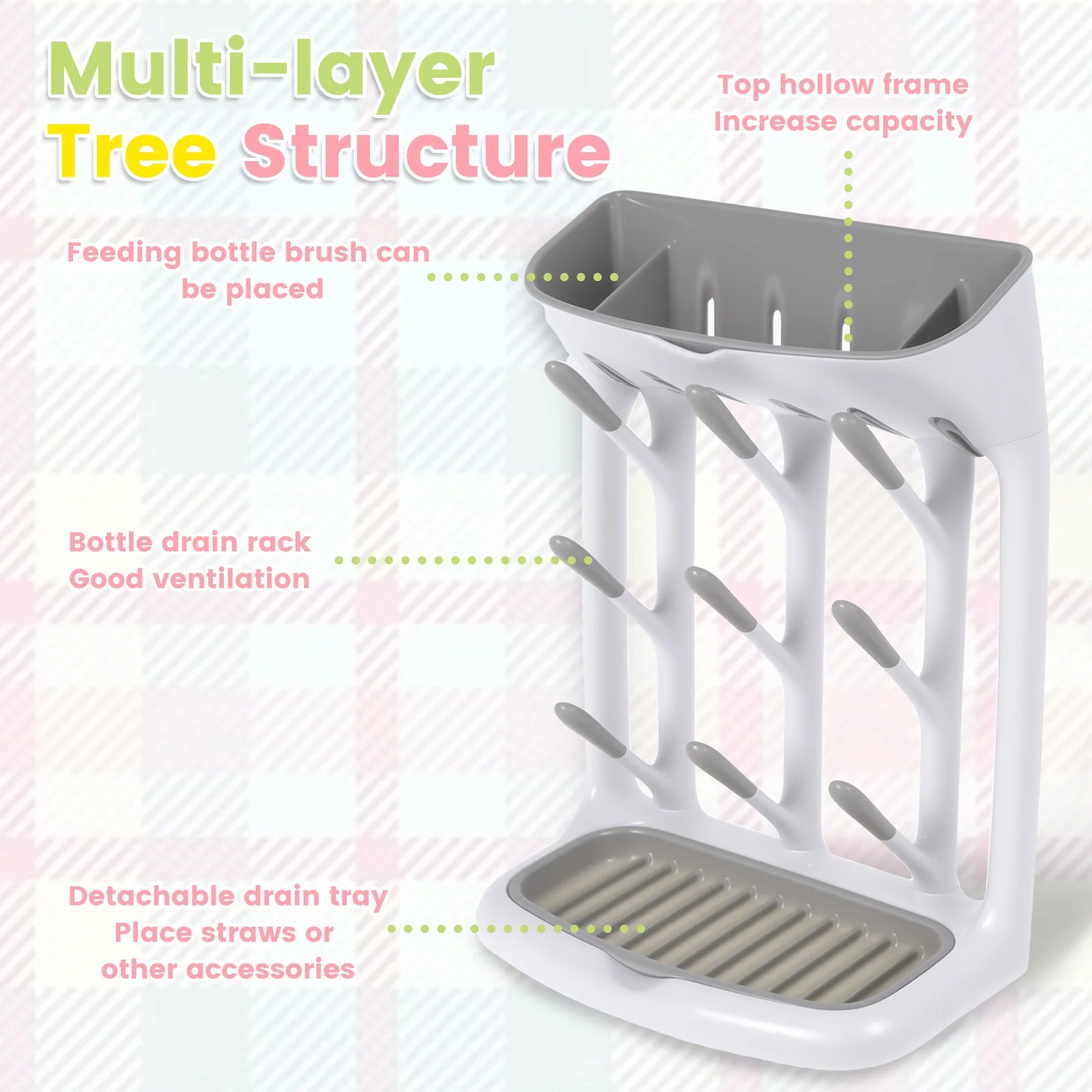 Baby Bottle Drying Rack Space Saving Countertop Holder Detachable Tray Baby Bottles Holder Organizer and Drying