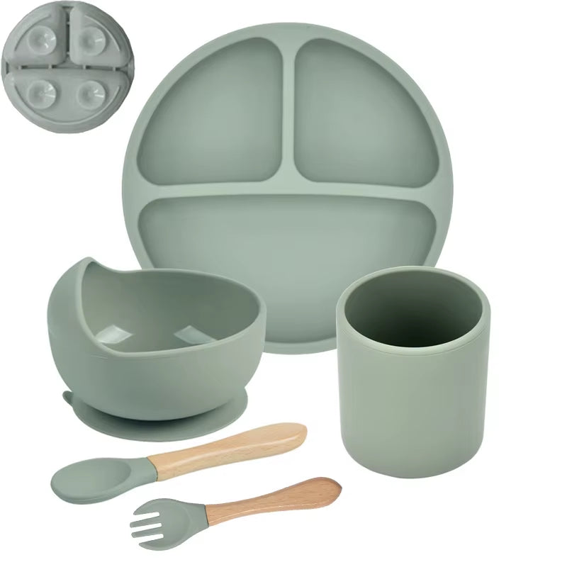 5P Baby Silicone Tableware Set Lid Divided Plate with Suction Bowls Straw Cup Wood Spoon Fork for Toddler Feeding Training Plate