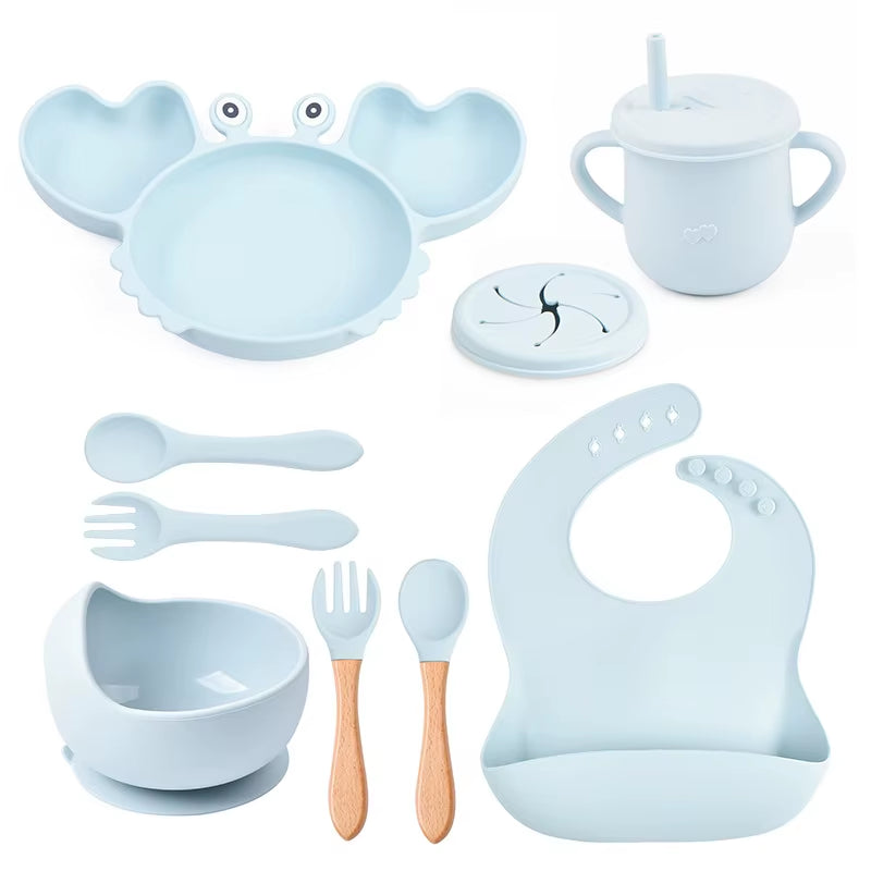 9Pcs Baby Silicone Non-Slip Suction Bowl Plate Spoon Waterproof Bib Cup Set Baby Crab Dishes Food Feeding Bowl for Kids BPA Free