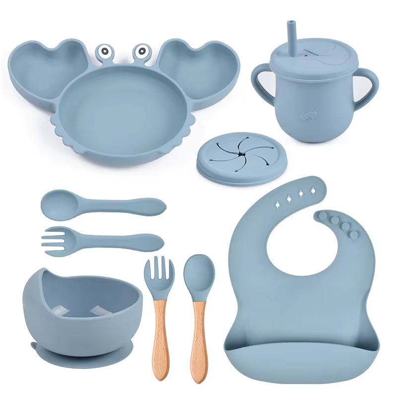 9Pcs Baby Silicone Non-Slip Suction Bowl Plate Spoon Waterproof Bib Cup Set Baby Crab Dishes Food Feeding Bowl for Kids BPA Free