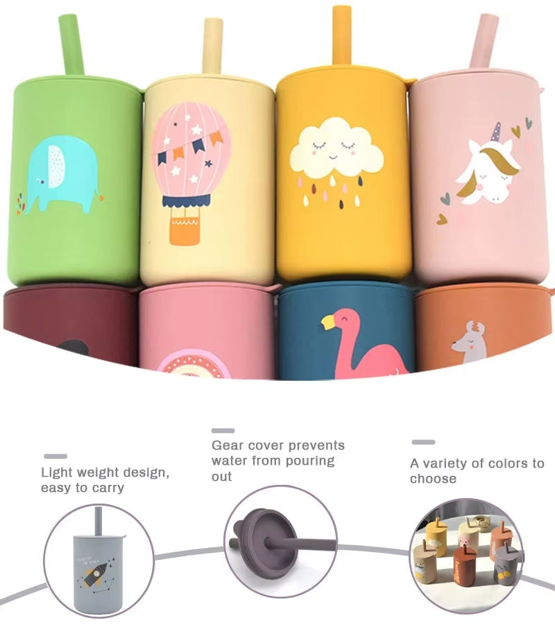 5P Baby Silicone Tableware Set Lid Divided Plate with Suction Bowls Straw Cup Wood Spoon Fork for Toddler Feeding Training Plate