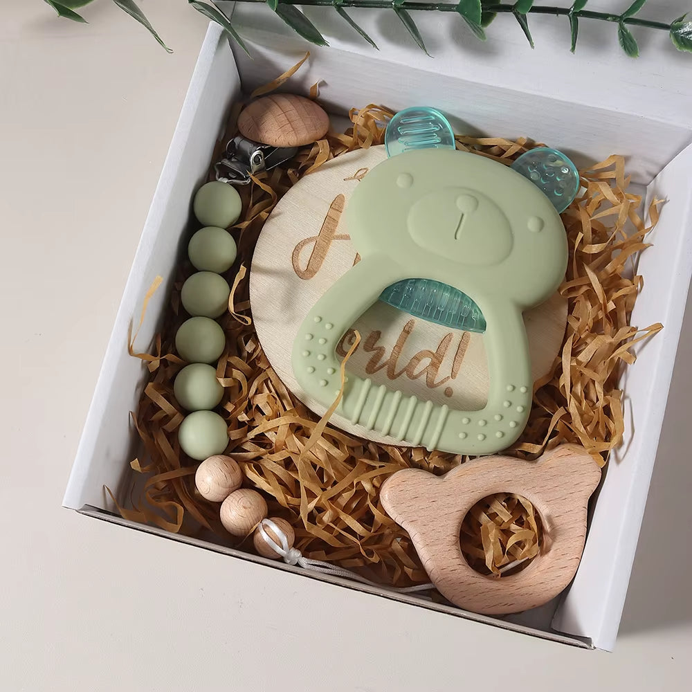 Newborn Gift Set Silicone Teething Bear Toy Soothing Toy Dummy Clip Milestone Gift Box Essentials