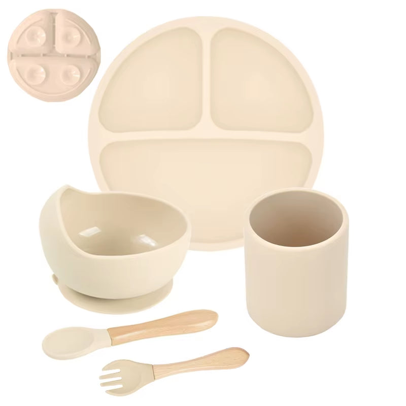 5P Baby Silicone Tableware Set Lid Divided Plate with Suction Bowls Straw Cup Wood Spoon Fork for Toddler Feeding Training Plate