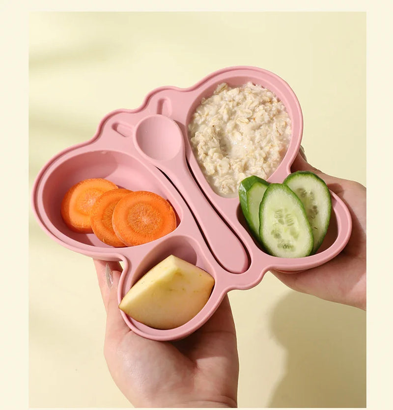 2Pcs Baby Butterfly Silicone Dining Plate Sucker Bowl Divided Sectioned Traininig Self-Feeding Spoon Non-Slip Kid Tableware Set