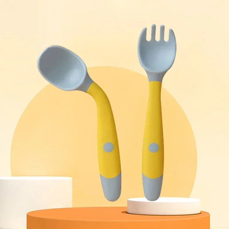 Baby Children Spoon Fork Set Soft Bendable Silicone Scoop Fork Kit Tableware Toddler Training Feeding Cutlery Utensils Tableware